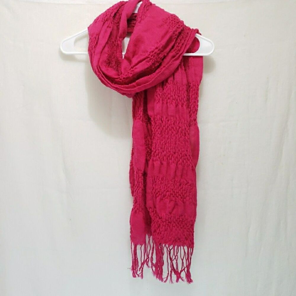 Hot Pink Crinkle Ruched Fringe Scarf One Size Lightweight Textured Wrap 76" long